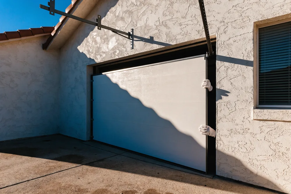 A new sectional garage door panel being set in place